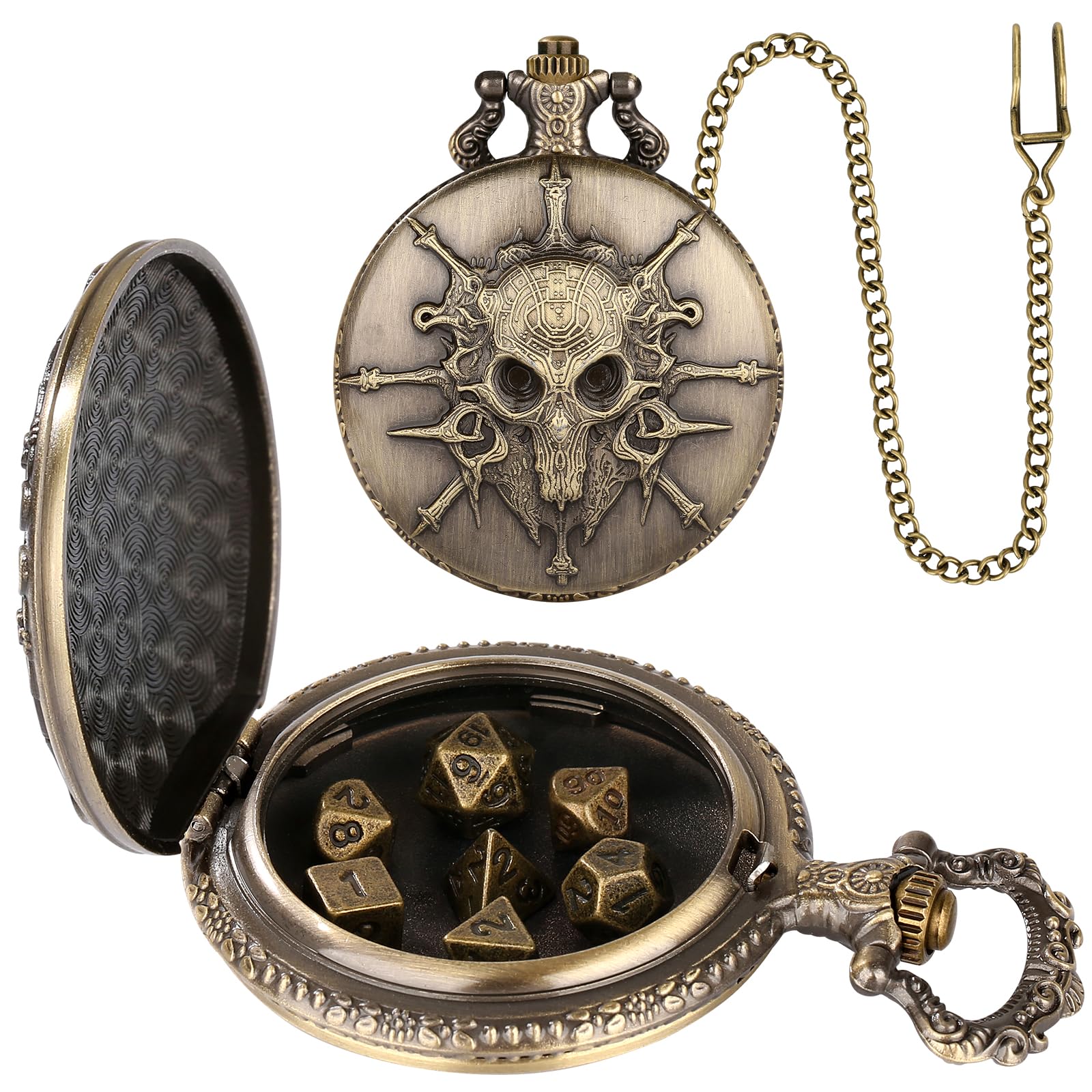 Steampunk Pocket Watch Dice Set - 7-Piece Metal Polyhedral D&D Dice in Bronze with Gift Box by Keller & Weber