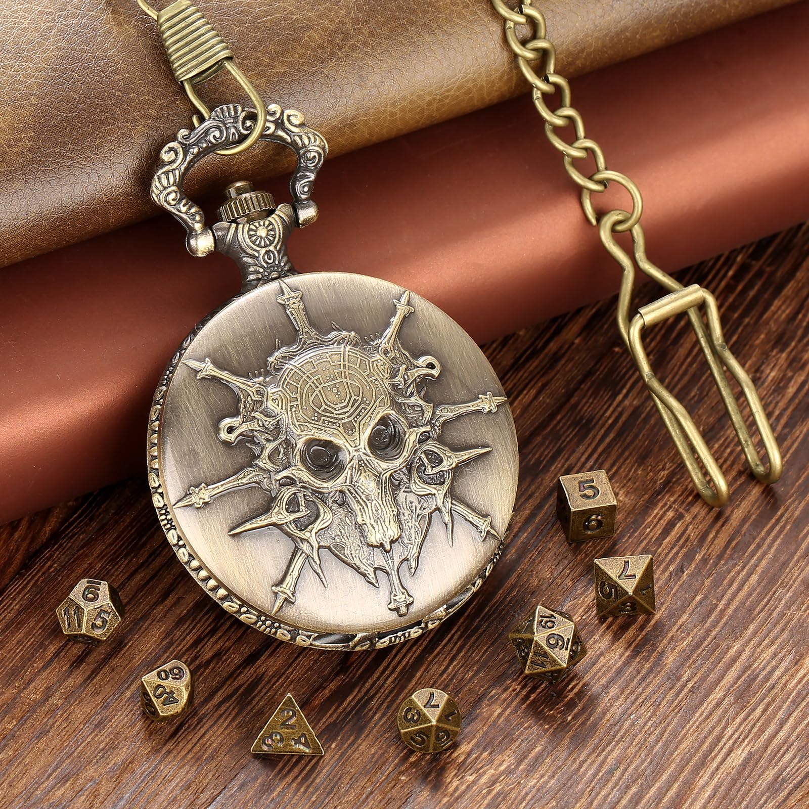 Steampunk Pocket Watch Dice Set - 7-Piece Metal Polyhedral D&D Dice in Bronze with Gift Box by Keller & Weber
