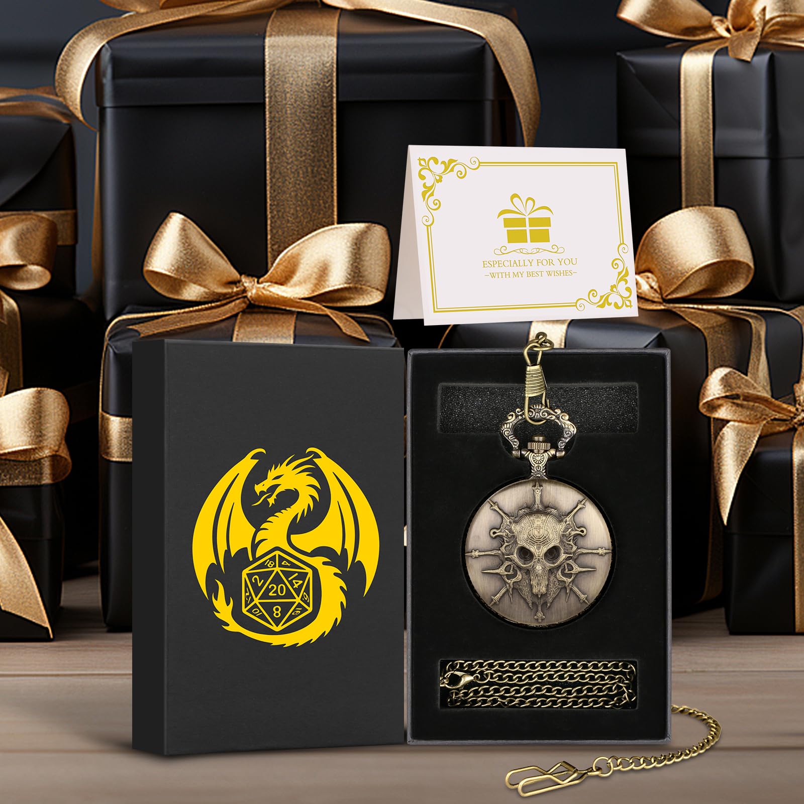 Steampunk Pocket Watch Dice Set - 7-Piece Metal Polyhedral D&D Dice in Bronze with Gift Box by Keller & Weber