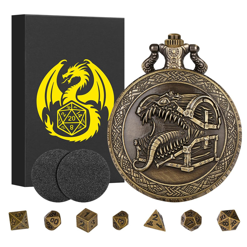 Steampunk Pocket Watch Dice Set – Mini DND Polyhedral 7-Piece in Tongue Treasure Chest Case with Gift Box