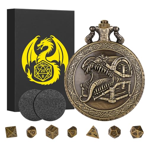 Steampunk Pocket Watch Dice Set – Mini DND Polyhedral 7-Piece in Tongue Treasure Chest Case with Gift Box