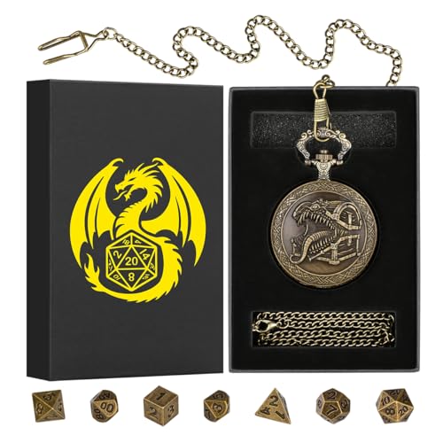 Steampunk Pocket Watch Dice Set – Mini DND Polyhedral 7-Piece in Tongue Treasure Chest Case with Gift Box