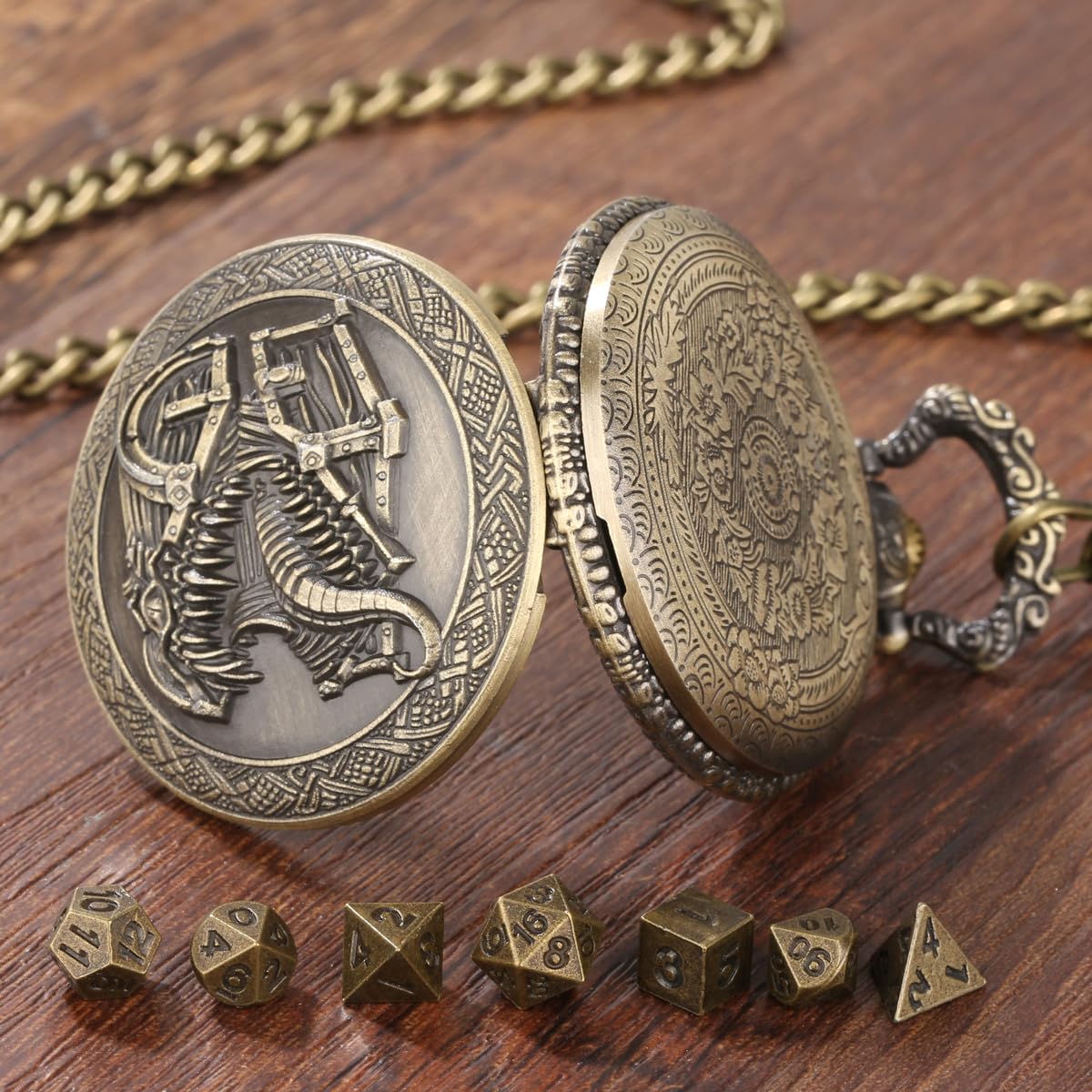 Steampunk Pocket Watch Dice Set – Mini DND Polyhedral 7-Piece in Tongue Treasure Chest Case with Gift Box