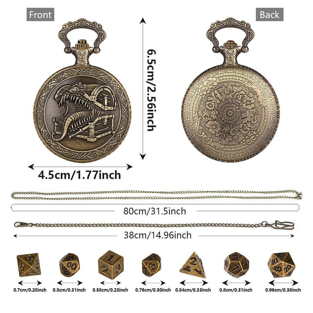 Steampunk Pocket Watch Dice Set – Mini DND Polyhedral 7-Piece in Tongue Treasure Chest Case with Gift Box