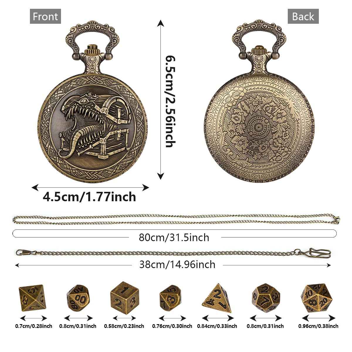 Steampunk Pocket Watch Dice Set – Mini DND Polyhedral 7-Piece in Tongue Treasure Chest Case with Gift Box