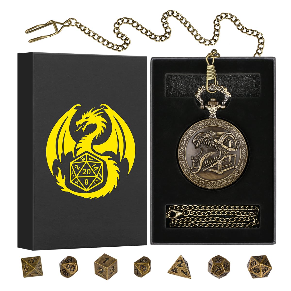 Steampunk Pocket Watch Dice Set – Mini DND Polyhedral 7-Piece in Tongue Treasure Chest Case with Gift Box