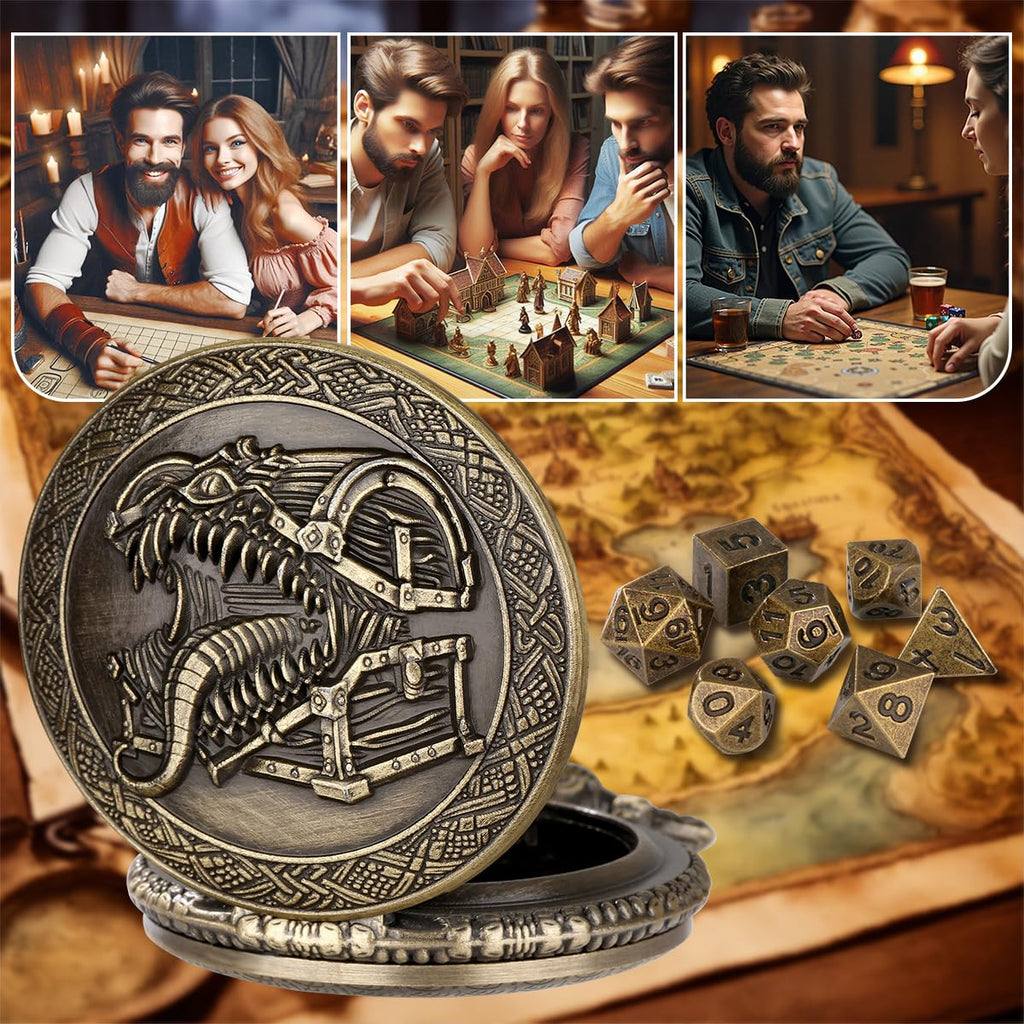 Steampunk Pocket Watch Dice Set – Mini DND Polyhedral 7-Piece in Tongue Treasure Chest Case with Gift Box