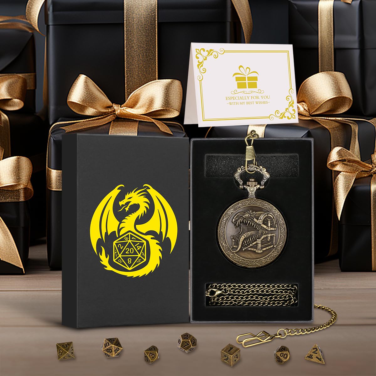 Steampunk Pocket Watch Dice Set – Mini DND Polyhedral 7-Piece in Tongue Treasure Chest Case with Gift Box