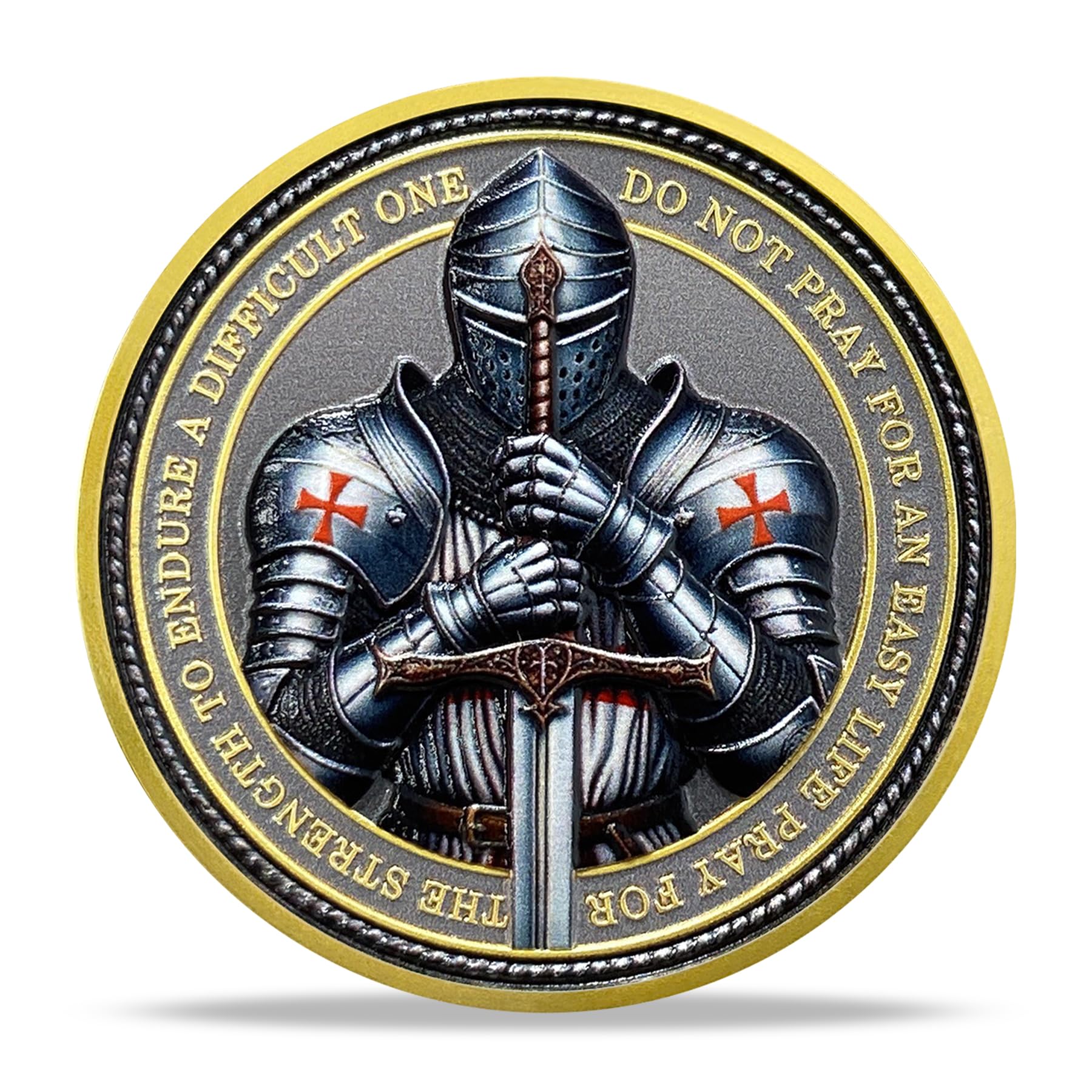 Steel Helm Knight Cross Challenge Coin – Knights Templar Token with 3D Texture, 35mm, Honor & Courage Design