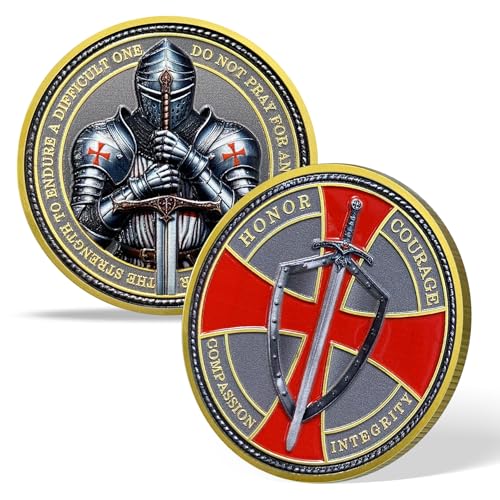 Steel Helm Knight Cross Challenge Coin – Knights Templar Token with 3D Texture, 35mm, Honor & Courage Design