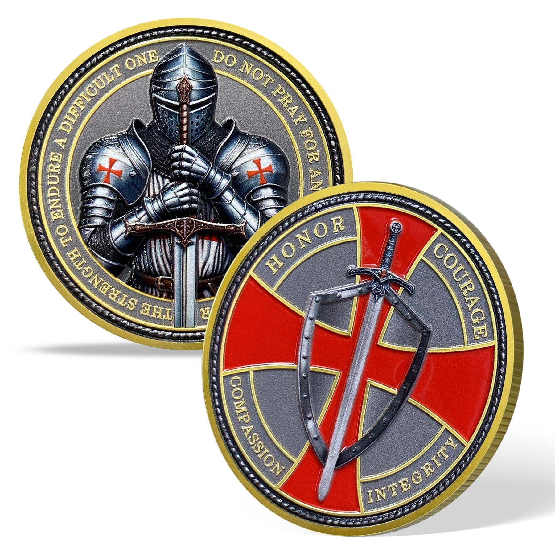 Steel Helm Knight Cross Challenge Coin – Knights Templar Token with 3D Texture, 35mm, Honor & Courage Design
