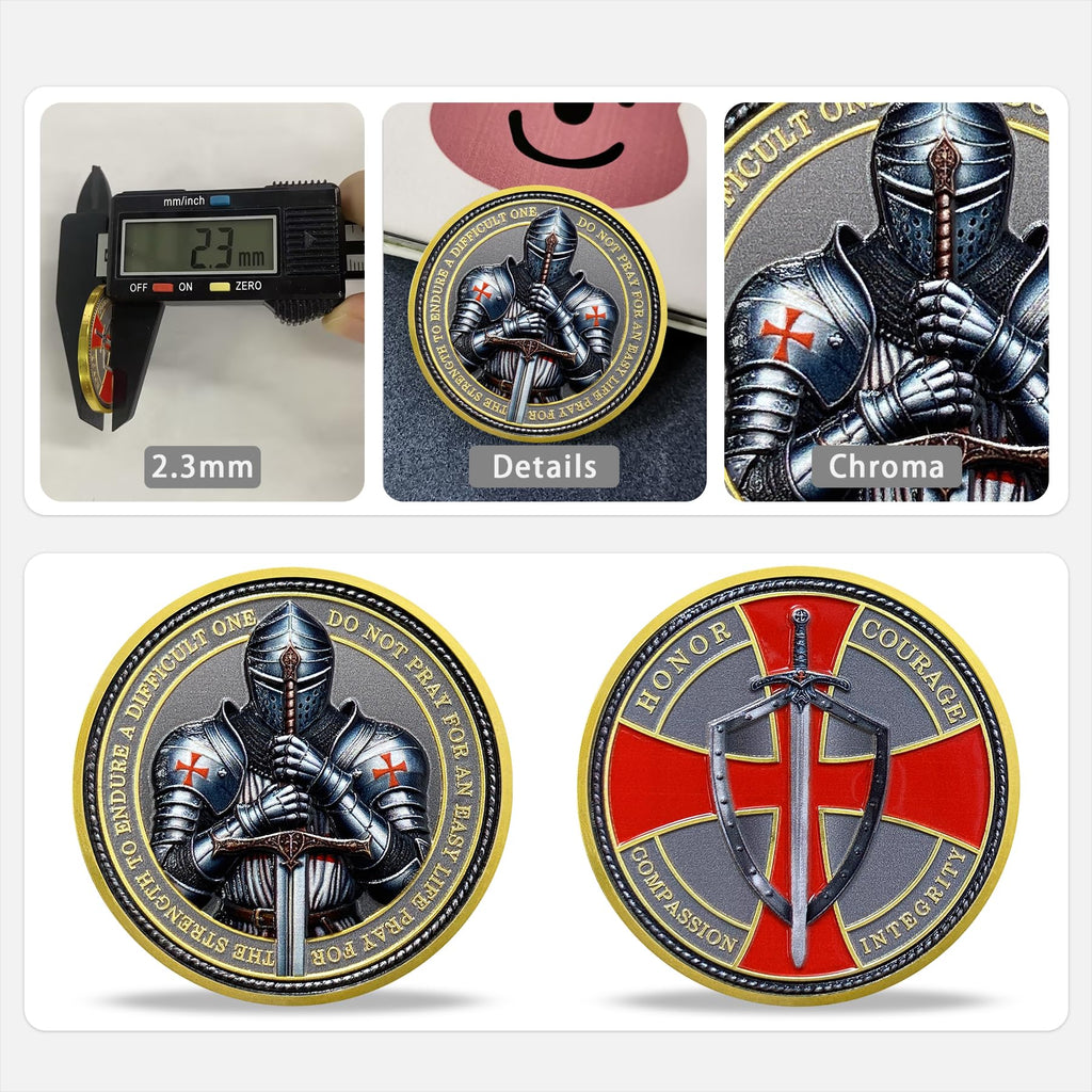 Steel Helm Knight Cross Challenge Coin – Knights Templar Token with 3D Texture, 35mm, Honor & Courage Design