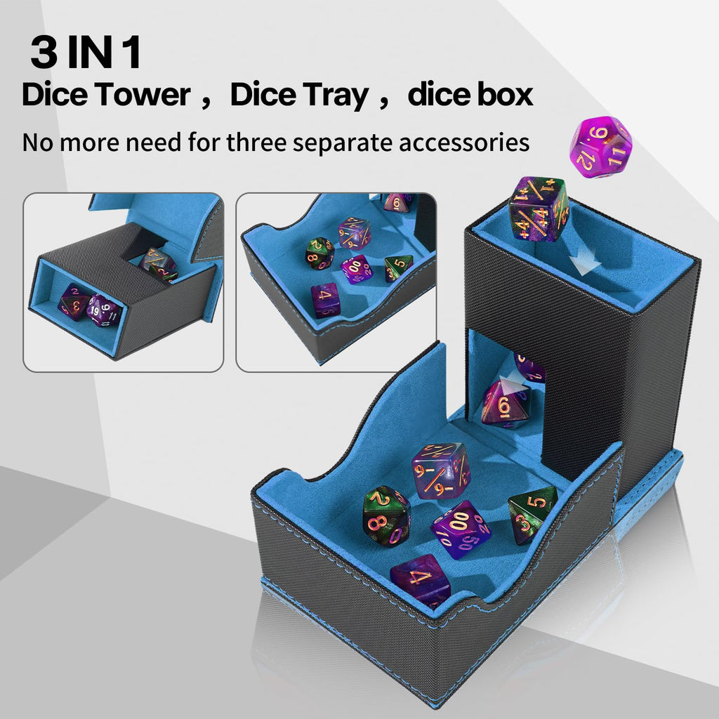Stepane 3-in-1 Foldable Dice Tower & Tray – Black/Blue PU Leather Magnetic Storage for DND RPG