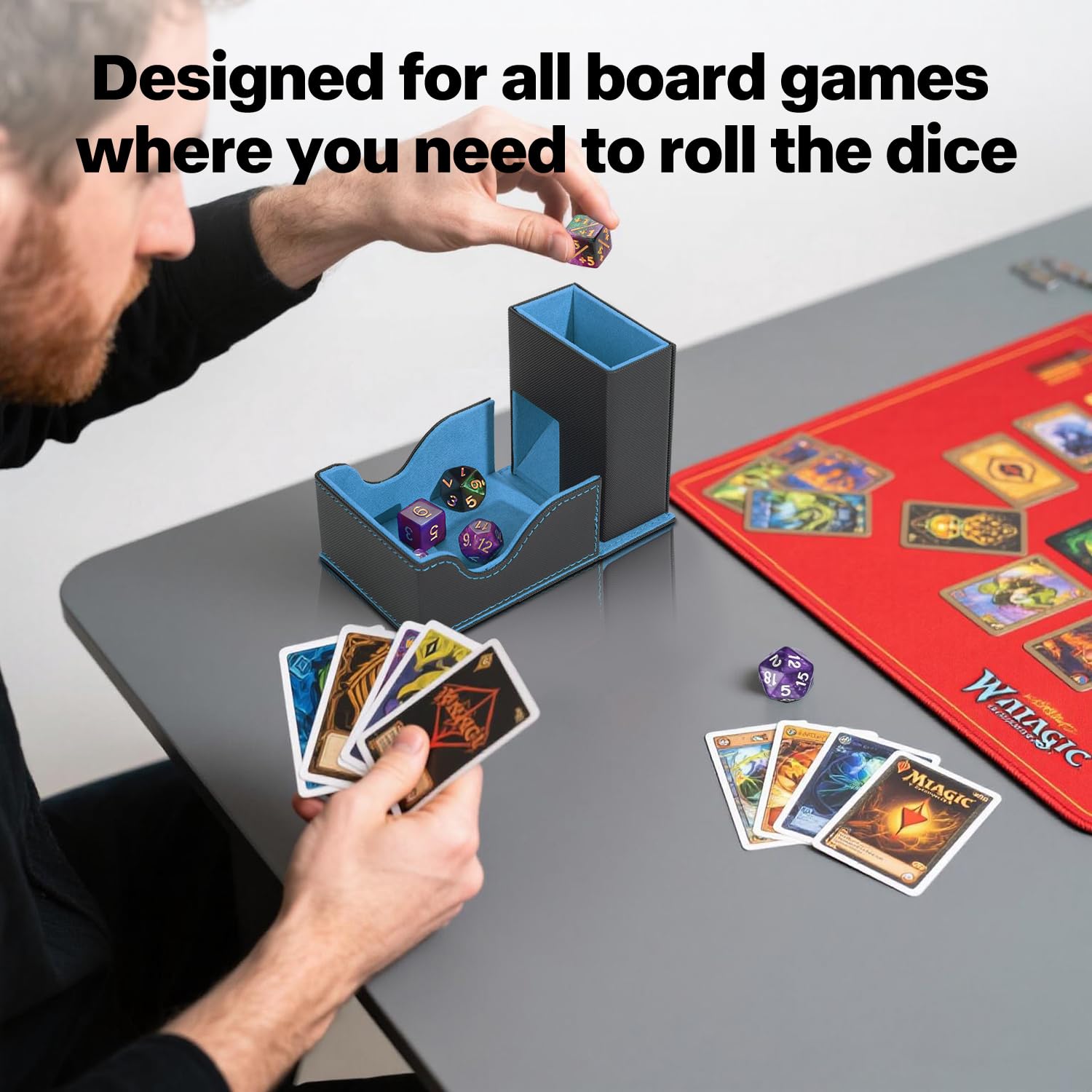 Stepane 3-in-1 Foldable Dice Tower & Tray – Black/Blue PU Leather Magnetic Storage for DND RPG