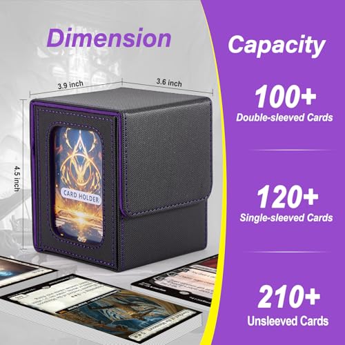 Stepane MTG Commander Deck Box – Black/Violet PU Leather, Holds 120+ Single-Sleeved Cards, Double Display Window with 2 Dividers & 2 Toploaders