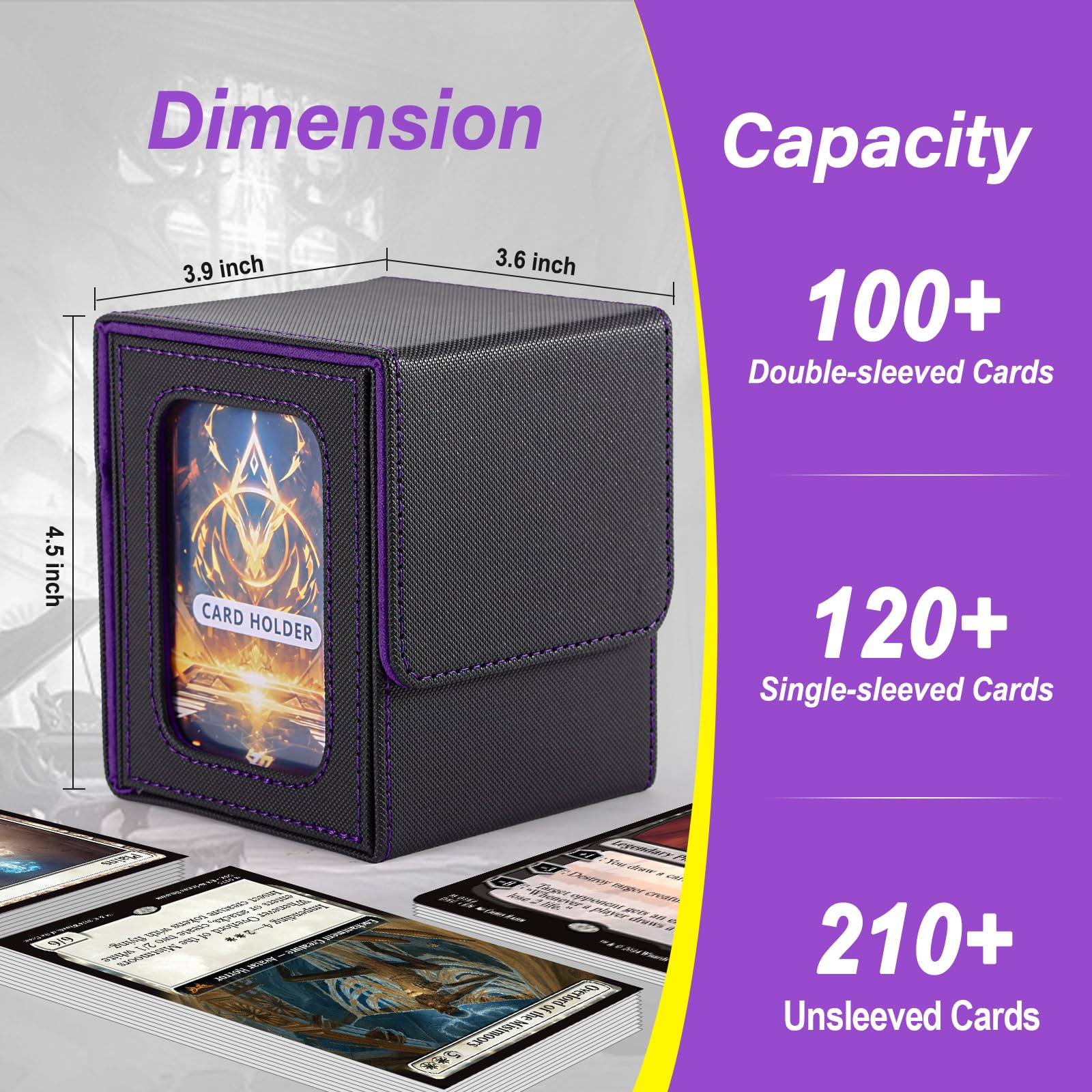 Stepane MTG Commander Deck Box – Black/Violet PU Leather, Holds 120+ Single-Sleeved Cards, Double Display Window with 2 Dividers & 2 Toploaders