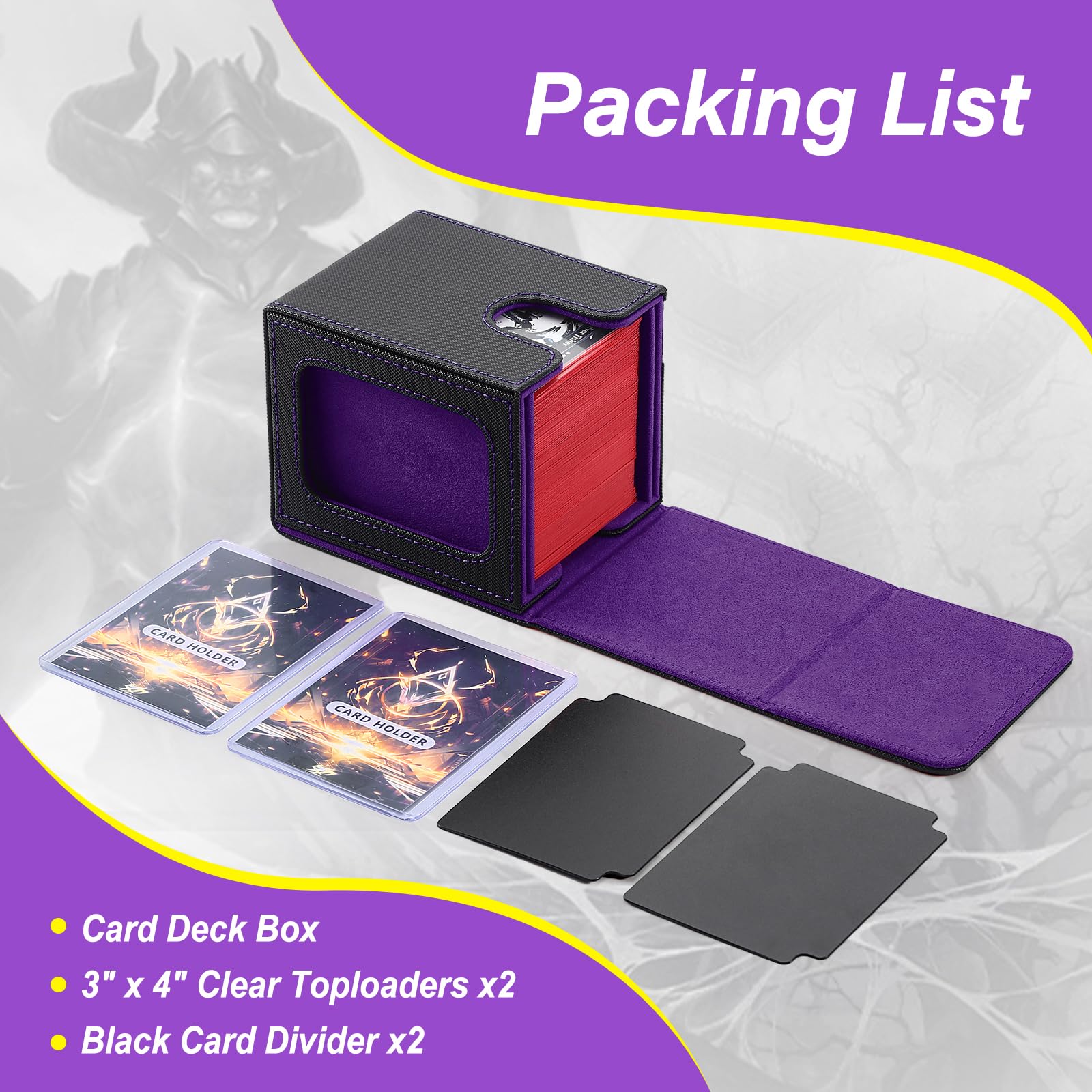Stepane MTG Commander Deck Box – Black/Violet PU Leather, Holds 120+ Single-Sleeved Cards, Double Display Window with 2 Dividers & 2 Toploaders