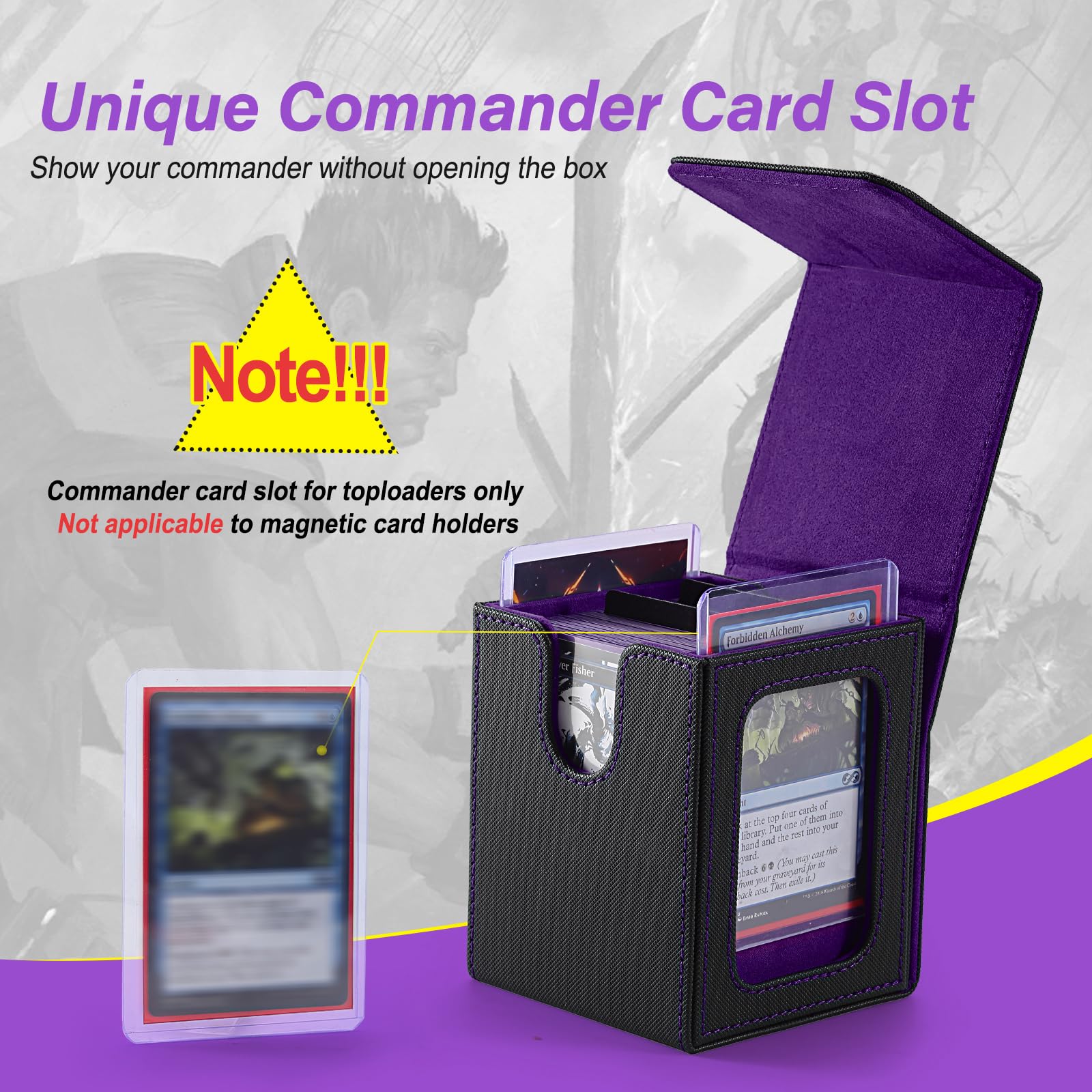 Stepane MTG Commander Deck Box – Black/Violet PU Leather, Holds 120+ Single-Sleeved Cards, Double Display Window with 2 Dividers & 2 Toploaders