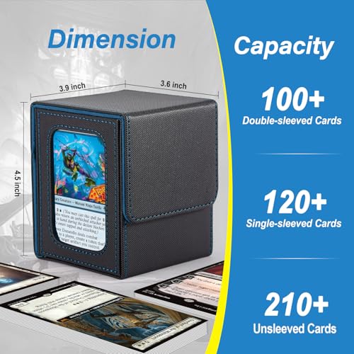 Stepane MTG Deck Box, Double Display Window Commander Case, Holds 120+ Single-Sleeved Cards, PU Leather with Magnetic Closure, Black/Blue