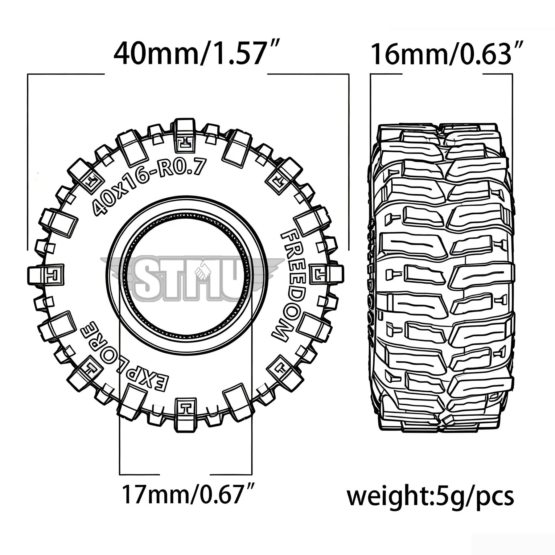 STMU 0.7'' MUD Tires for 1/30 1/32 RC Crawlers - Soft Sticky 40x16mm