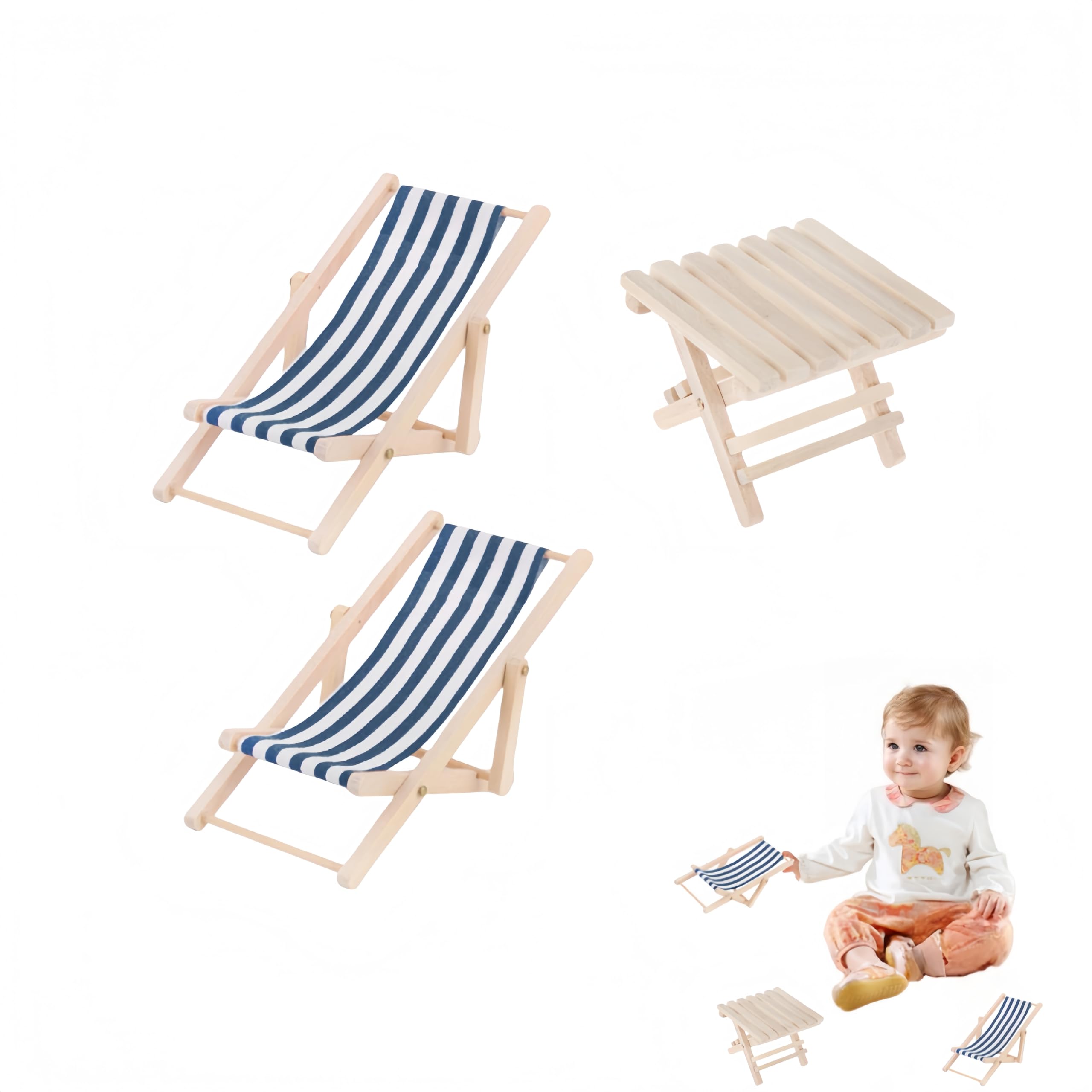 STOBOK 3-Pack Miniature Beach Chair & Table Set - 1:12 Scale Dollhouse Furniture, Blue Striped Foldable Chairs and Table for DIY Crafts and Pool Party Decor