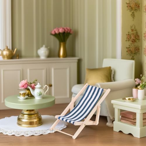 STOBOK 3-Pack Miniature Beach Chair & Table Set - 1:12 Scale Dollhouse Furniture, Blue Striped Foldable Chairs and Table for DIY Crafts and Pool Party Decor