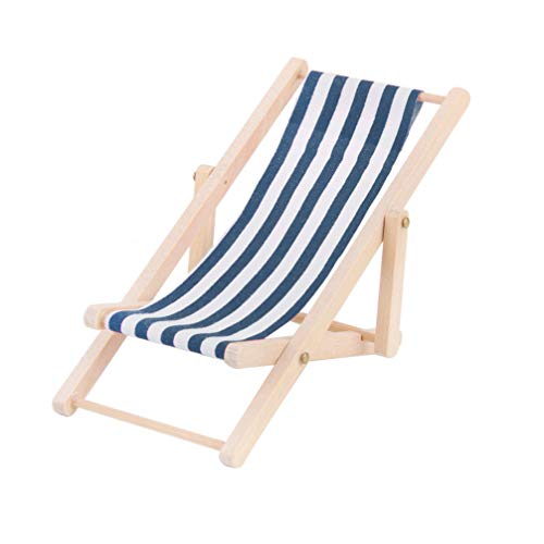 STOBOK 3-Pack Miniature Beach Chair & Table Set - 1:12 Scale Dollhouse Furniture, Blue Striped Foldable Chairs and Table for DIY Crafts and Pool Party Decor