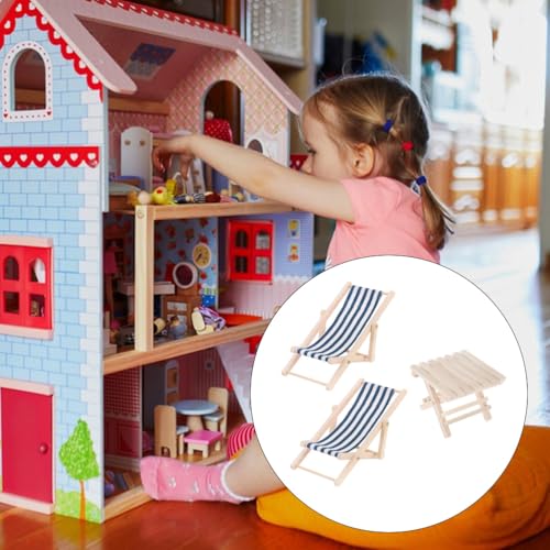 STOBOK 3-Pack Miniature Beach Chair & Table Set - 1:12 Scale Dollhouse Furniture, Blue Striped Foldable Chairs and Table for DIY Crafts and Pool Party Decor