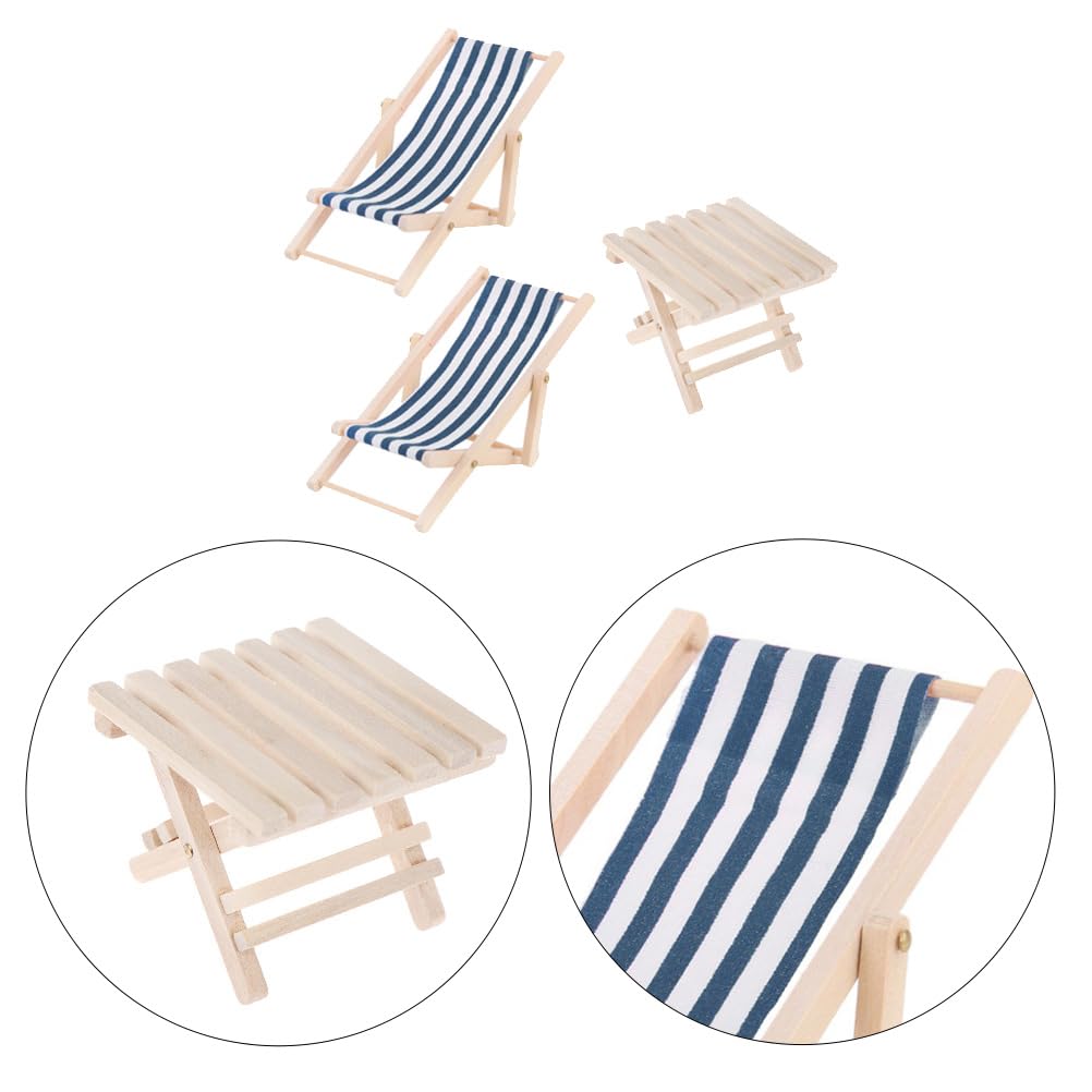 STOBOK 3-Pack Miniature Beach Chair & Table Set - 1:12 Scale Dollhouse Furniture, Blue Striped Foldable Chairs and Table for DIY Crafts and Pool Party Decor