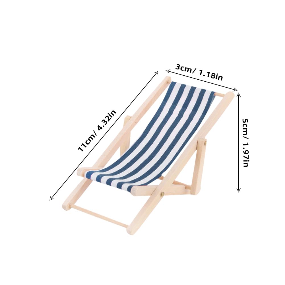 STOBOK 3-Pack Miniature Beach Chair & Table Set - 1:12 Scale Dollhouse Furniture, Blue Striped Foldable Chairs and Table for DIY Crafts and Pool Party Decor