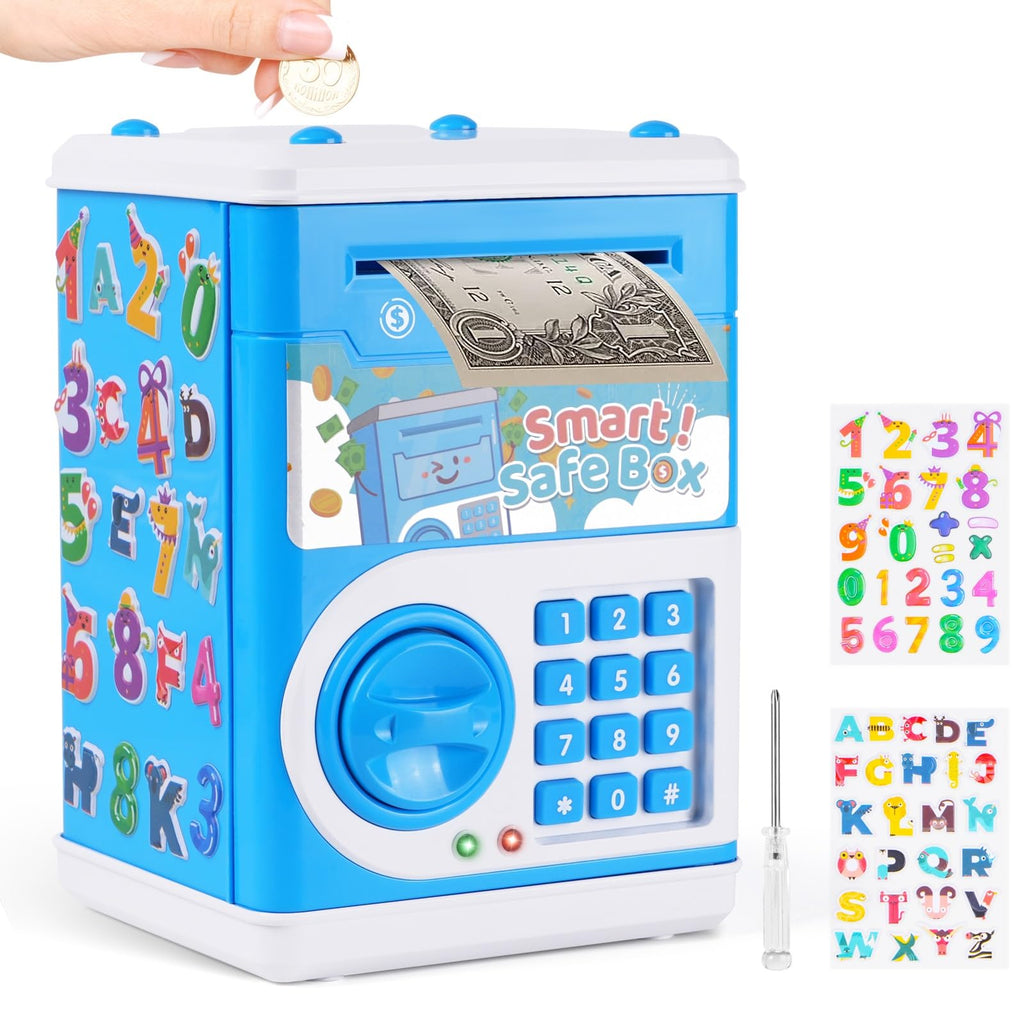 STOPKLAS Electronic ATM Piggy Bank for Kids – Blue, Password Protected with Auto Bill Roll