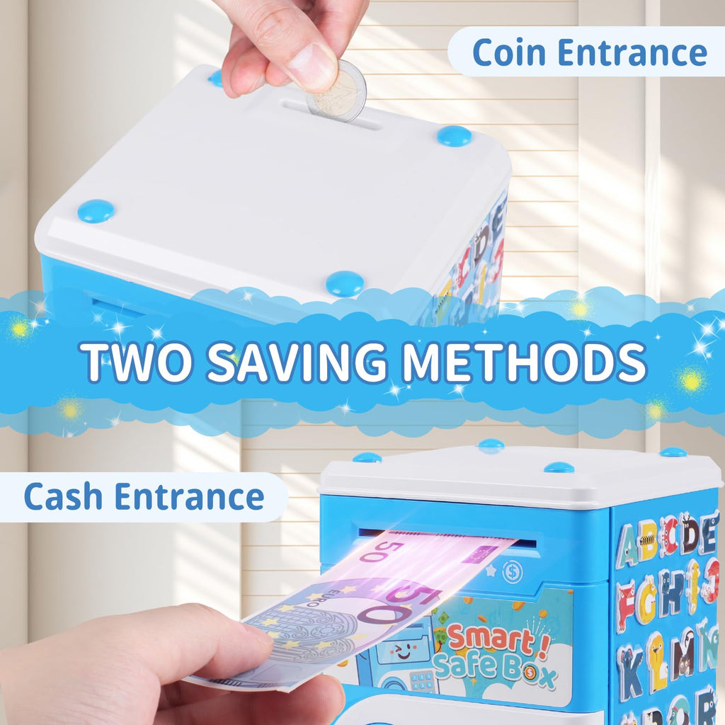 STOPKLAS Electronic ATM Piggy Bank for Kids – Blue, Password Protected with Auto Bill Roll