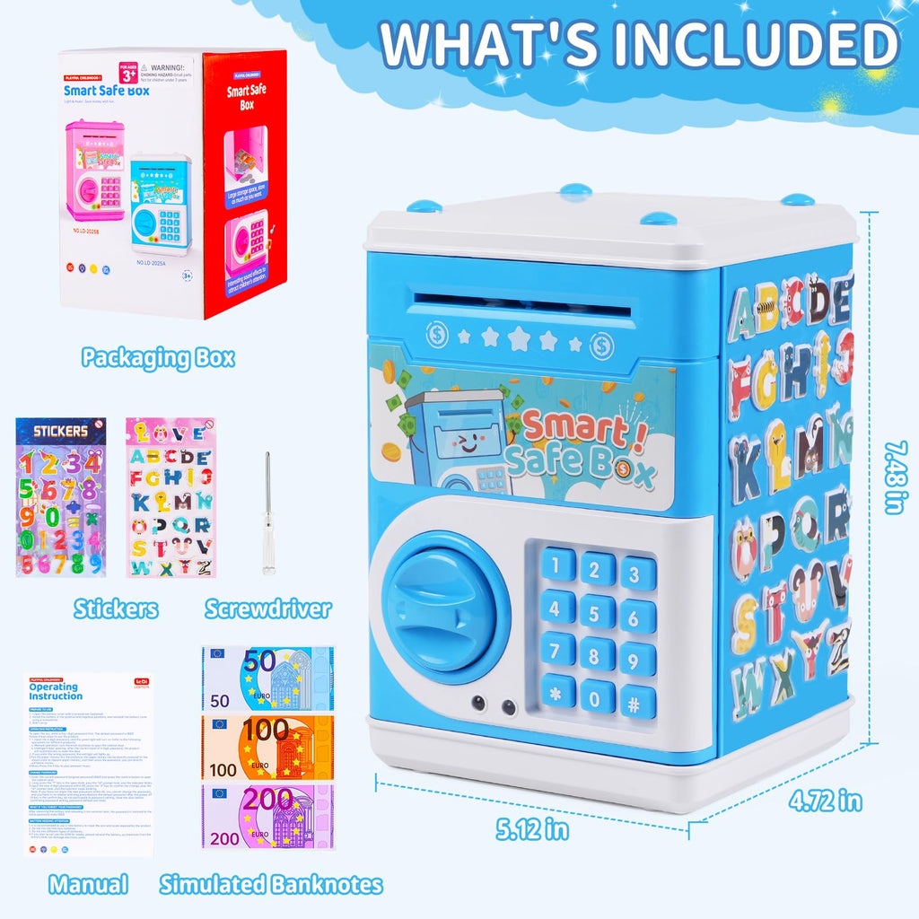 STOPKLAS Electronic ATM Piggy Bank for Kids – Blue, Password Protected with Auto Bill Roll