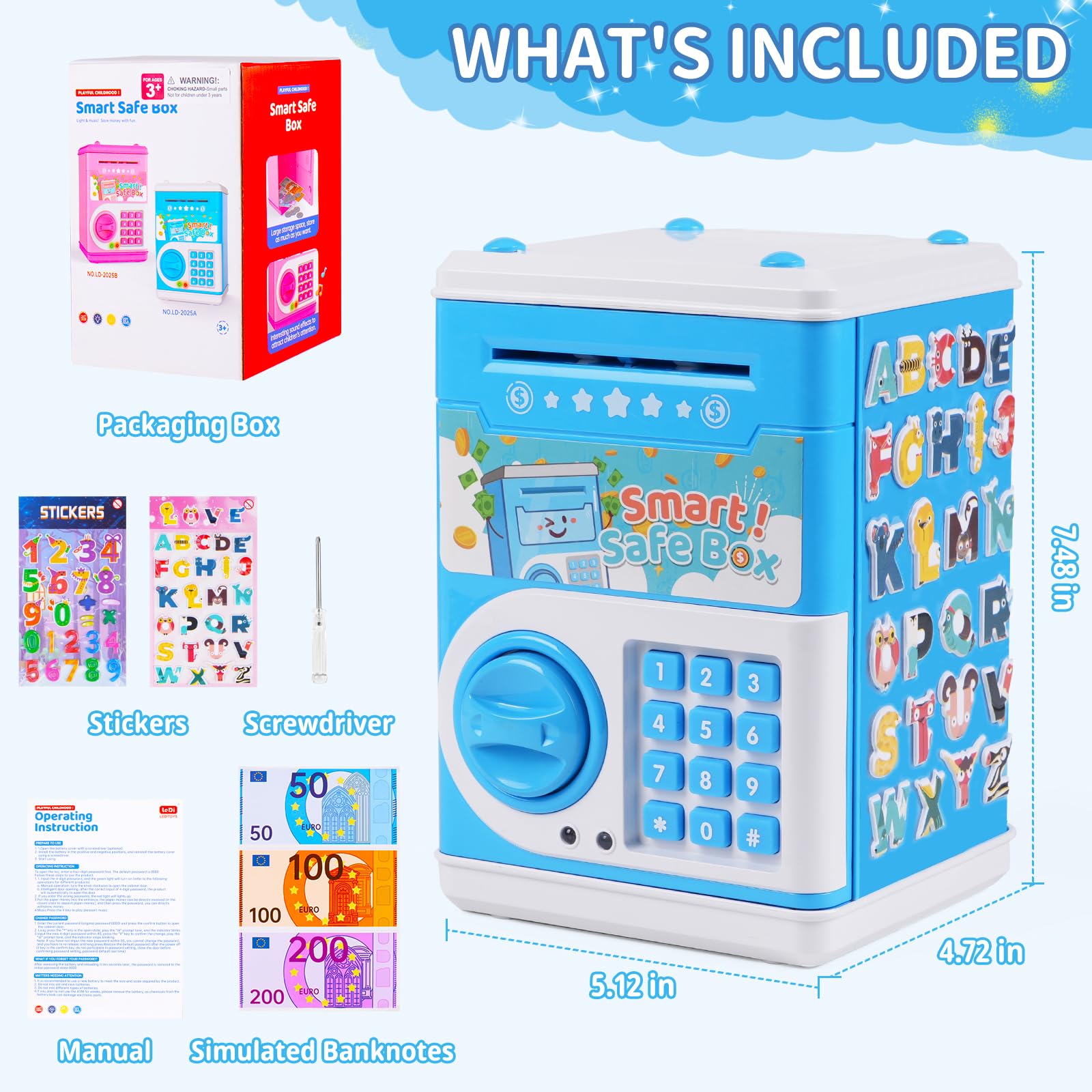 STOPKLAS Electronic ATM Piggy Bank for Kids – Blue, Password Protected with Auto Bill Roll
