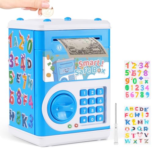 STOPKLAS Electronic ATM Piggy Bank for Kids – Blue, Password Protected with Auto Bill Roll