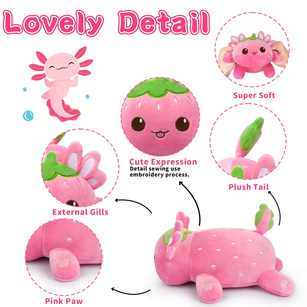Strawberry Axolotl Plush 8 Inch Cute Kawaii Stuffed Animal Soft Pillow Gift for Kids