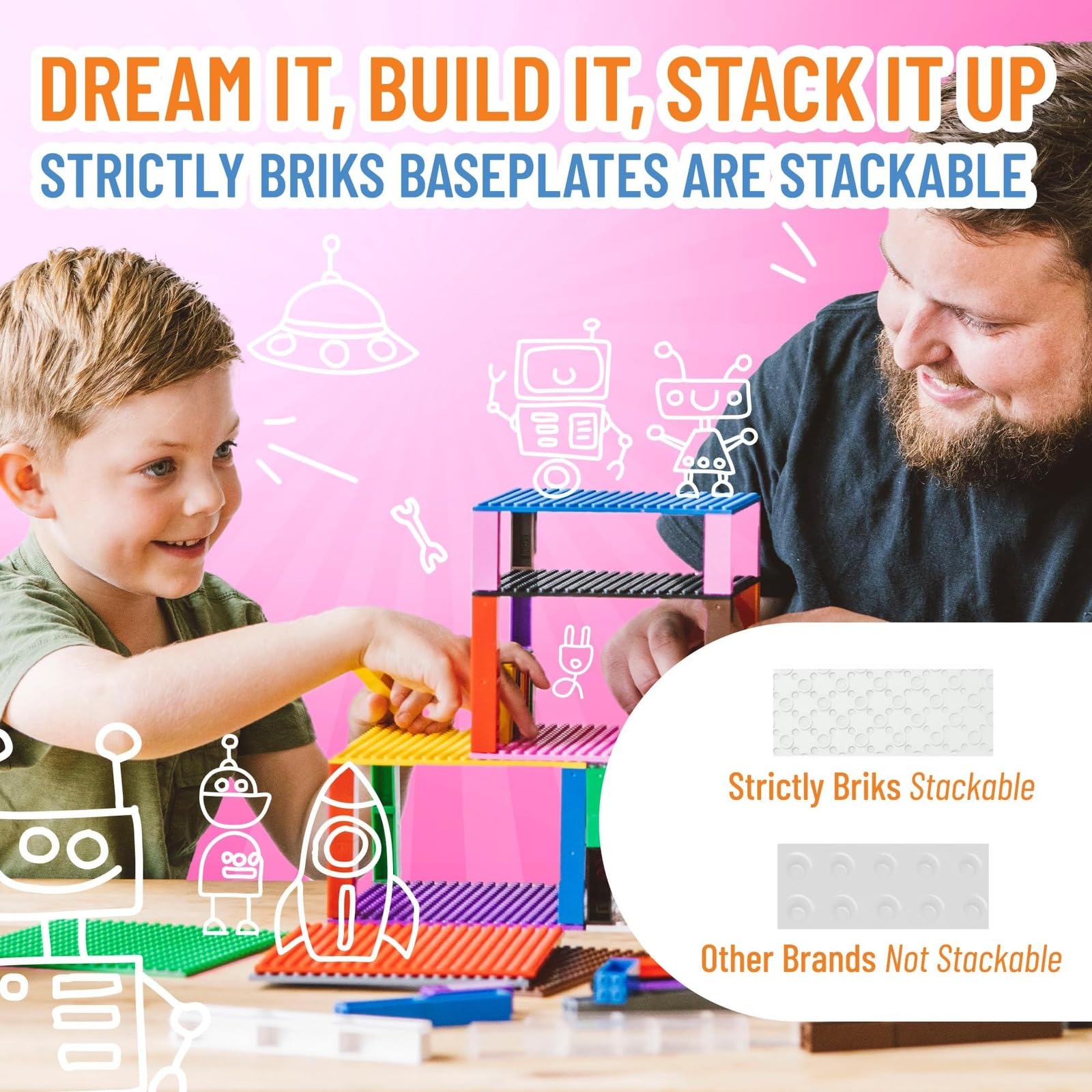 Strictly Briks 10x10 White Stackable Base Plate – 32x32 Pegs Compatible with Major Brick Brands