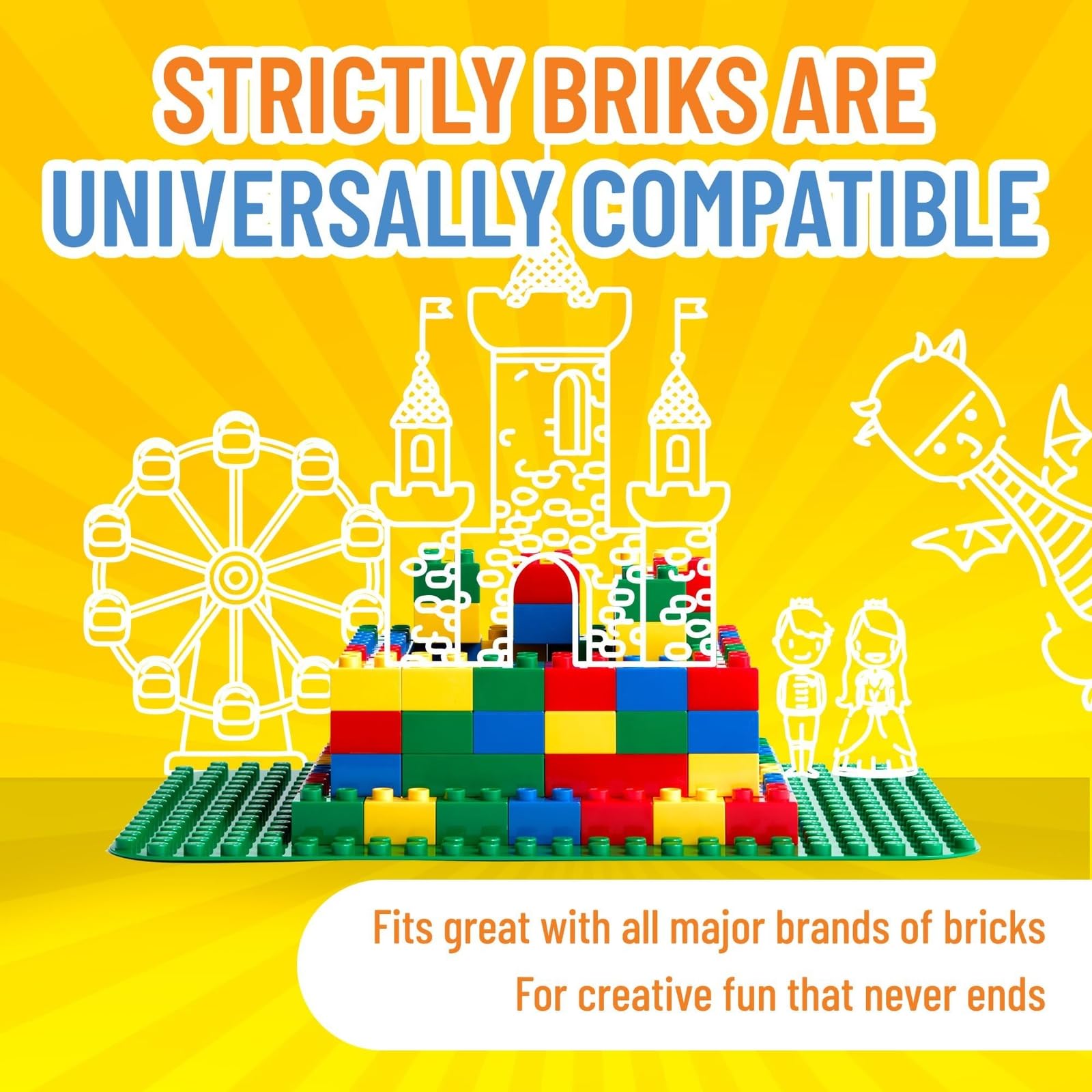 Strictly Briks Big Building Baseplate - Green 15x10.5 Inch Compatible with Duplo Blocks