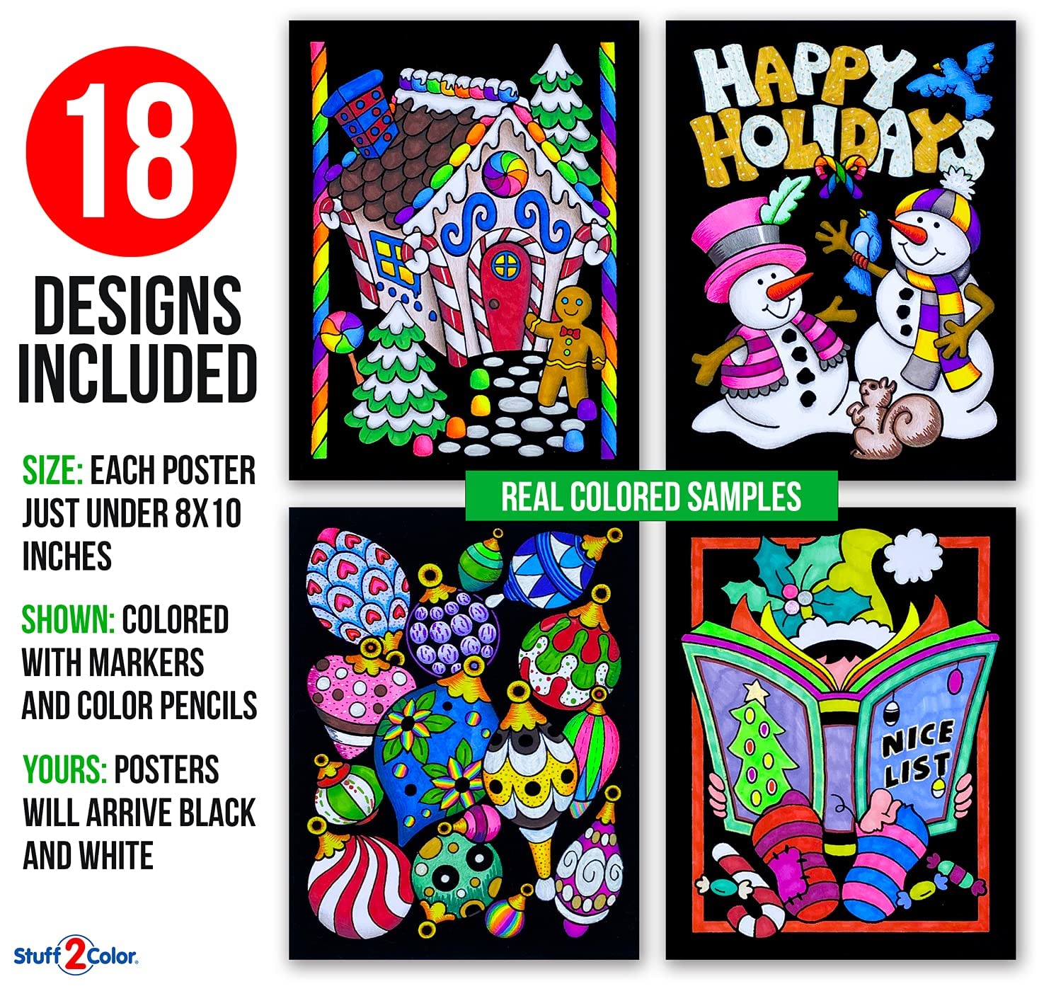 Stuff2Color Super Pack of 18 Fuzzy Velvet Coloring Posters (Christmas Edition) - Family Craft Activity for All Ages