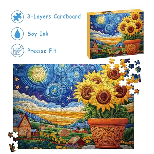 STYISHANG 500 Piece Sunflower Puzzle for Adults – Starry Night Jigsaw, 20.47 x 14.96 inches with Poster