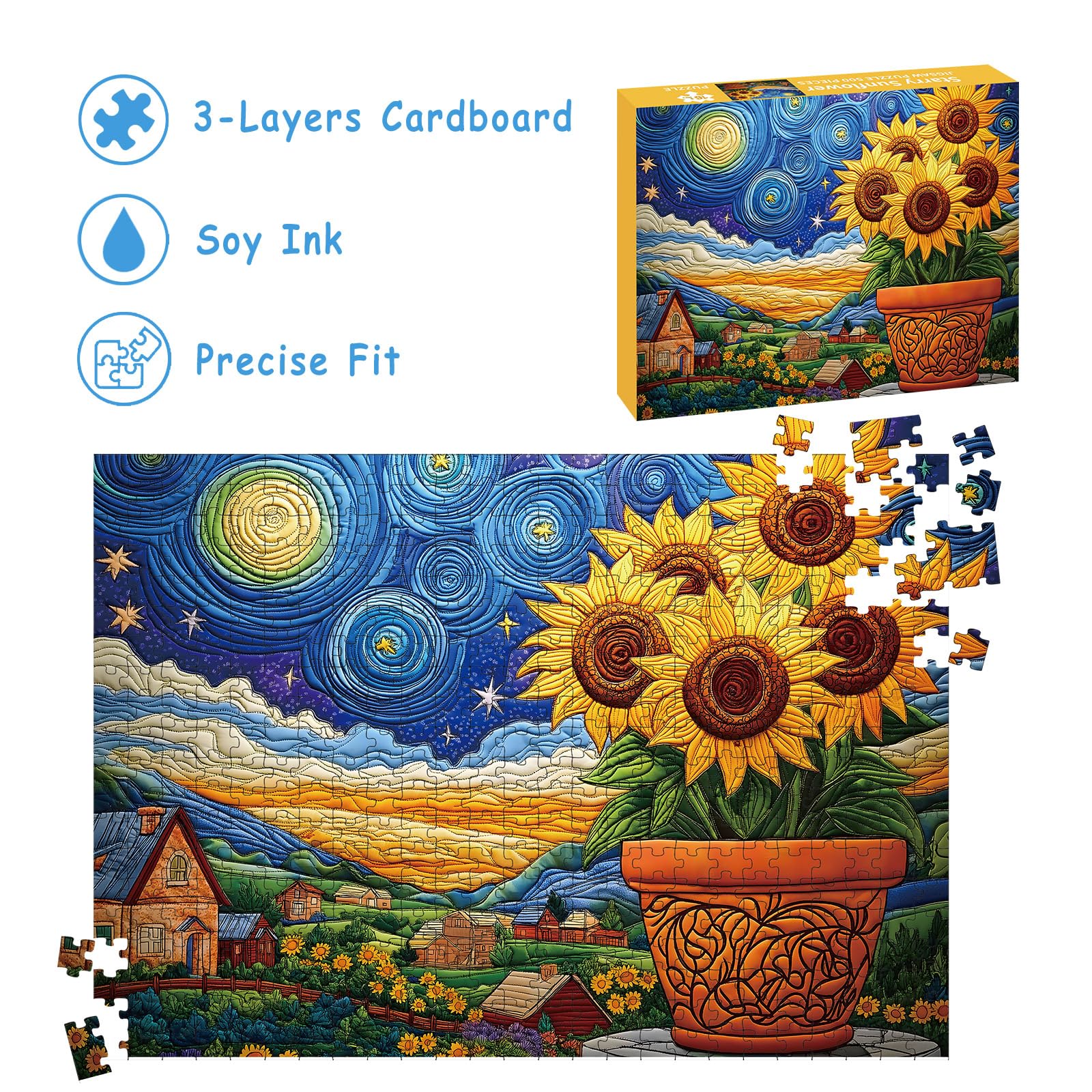 STYISHANG 500 Piece Sunflower Puzzle for Adults – Starry Night Jigsaw, 20.47 x 14.96 inches with Poster