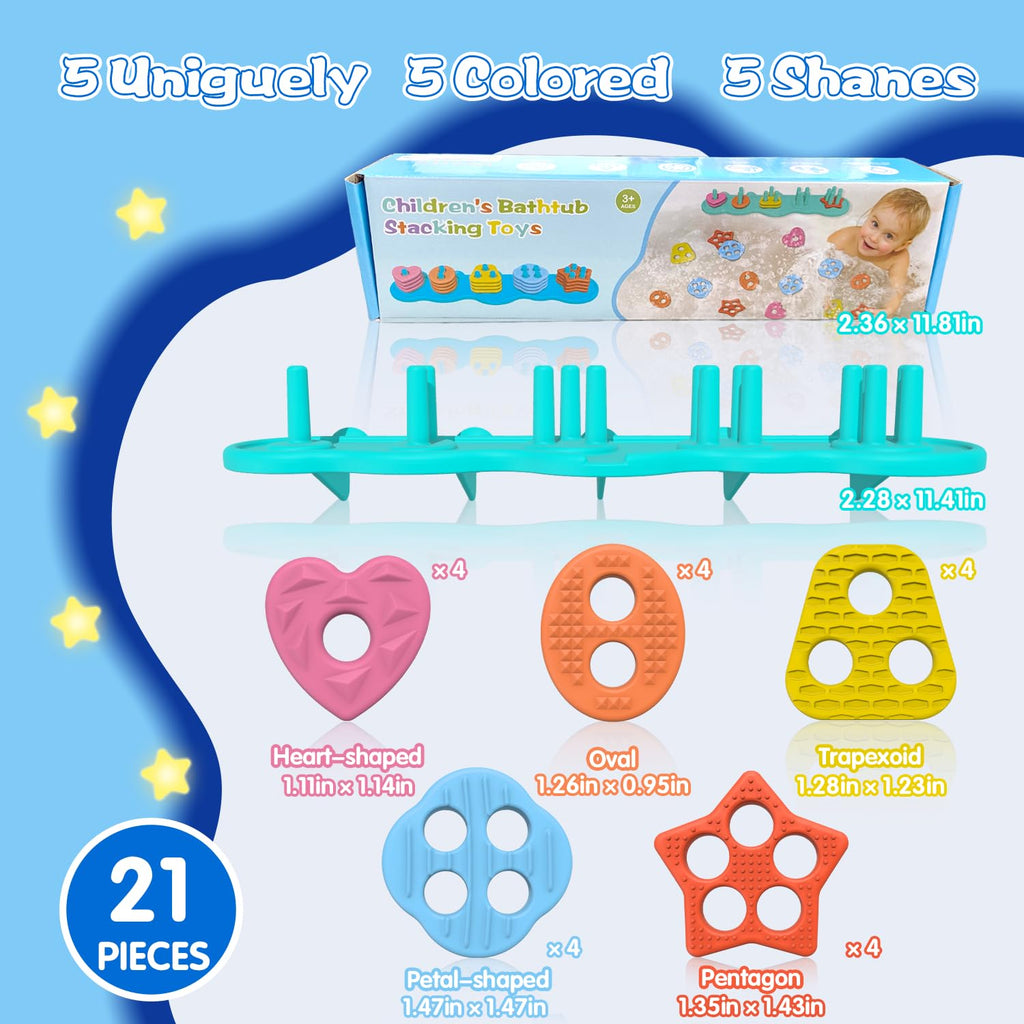 Suction Baby Bath Toys – 20-Piece Silicone Shape Sorting & Stacking Set for Toddlers 3-5