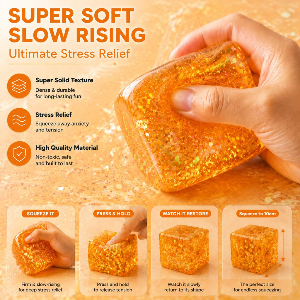 Sucvrta Stress Relief Squeeze Cube – Ultra-Soft Slow Rising Sensory Fidget Toy for Focus & Calm (Orange)