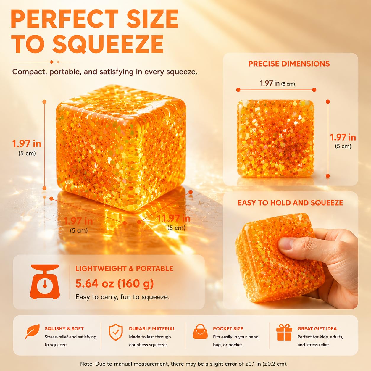 Sucvrta Stress Relief Squeeze Cube – Ultra-Soft Slow Rising Sensory Fidget Toy for Focus & Calm (Orange)