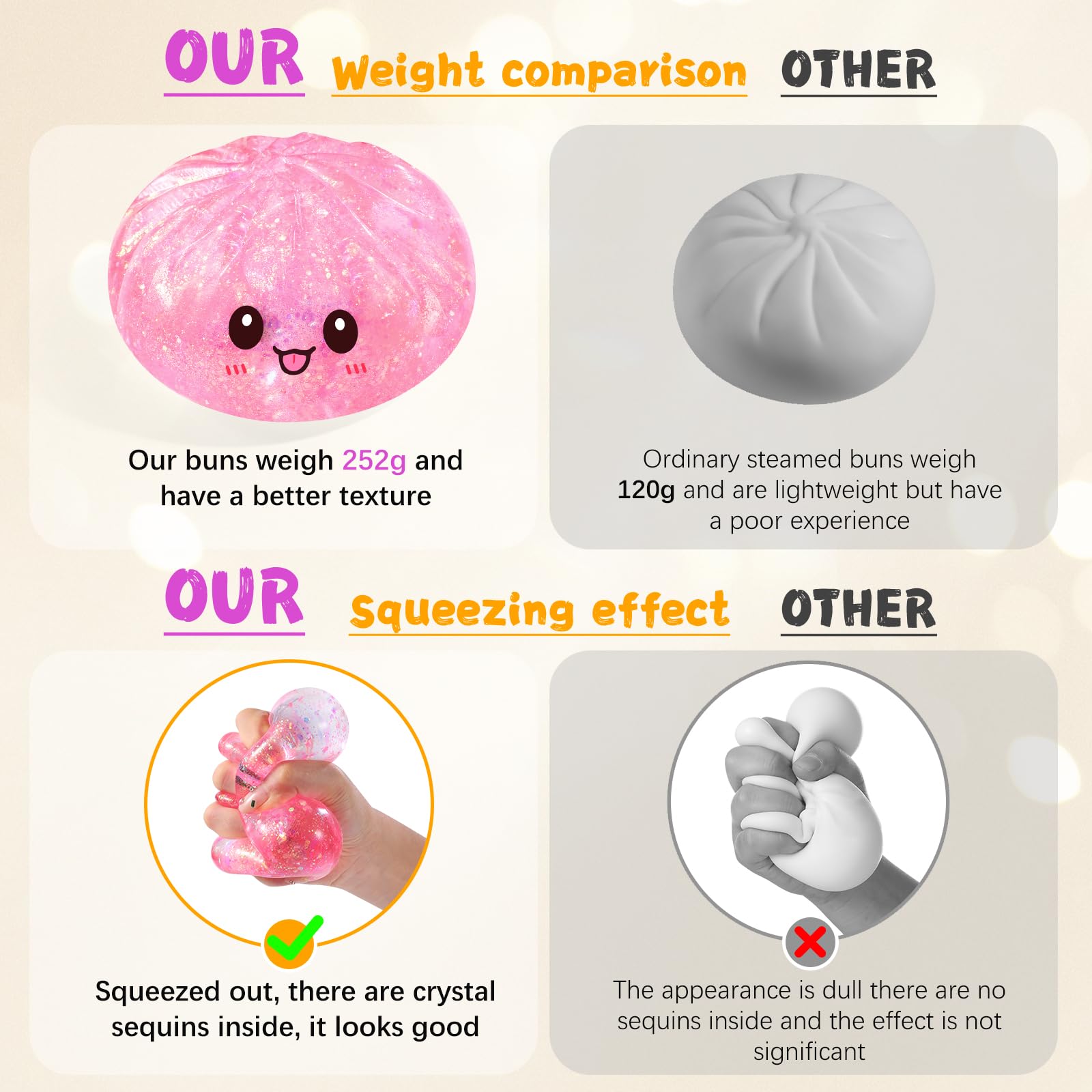 Sugar Dumpling Squishy – Viral Bao Bun Shaped Stress Relief Toy, Pink, 255g, Long-Lasting Fidget Squeeze for Gifts