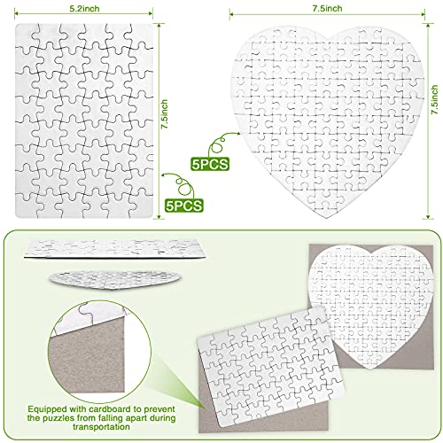Sumind 10 Blank Sublimation Puzzles – 5 Rectangle (48 pcs) & 5 Heart Shaped (75 pcs) for DIY Heat Transfer