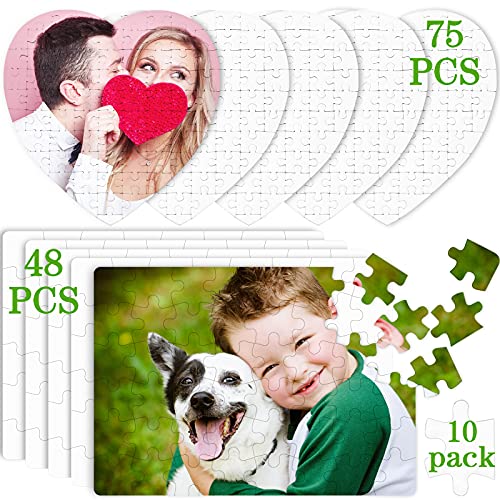 Sumind 10 Blank Sublimation Puzzles – 5 Rectangle (48 pcs) & 5 Heart Shaped (75 pcs) for DIY Heat Transfer