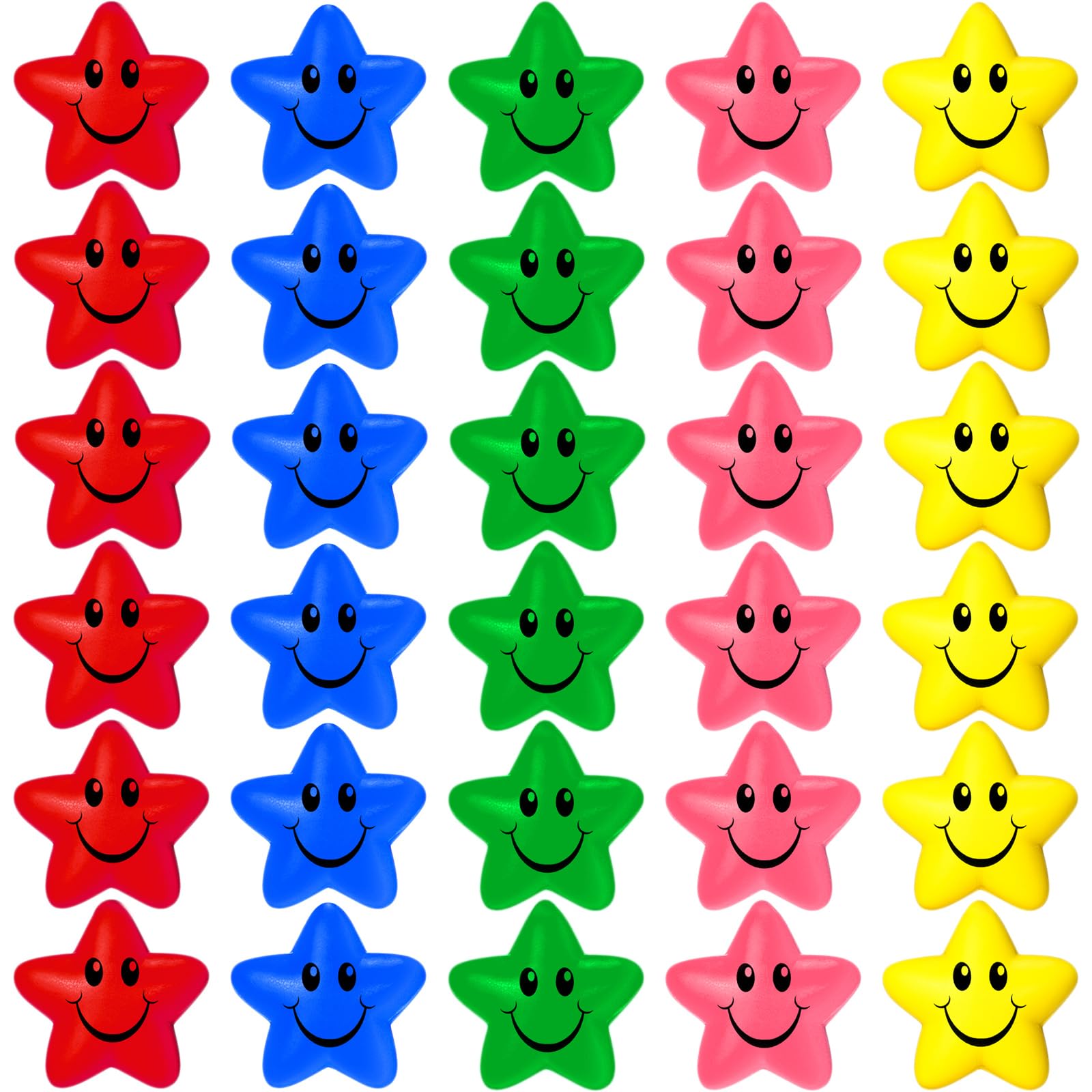 Sumind 30-Pack Smile Face Star Stress Balls - 2.16-Inch Foam Squeeze Balls for Anxiety Relief, Party Favors, and Classroom Rewards (5 Colors)