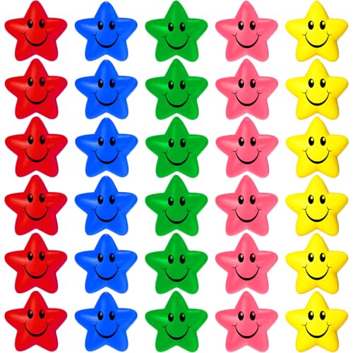Sumind 30-Pack Smile Face Star Stress Balls - 2.16-Inch Foam Squeeze Balls for Anxiety Relief, Party Favors, and Classroom Rewards (5 Colors)