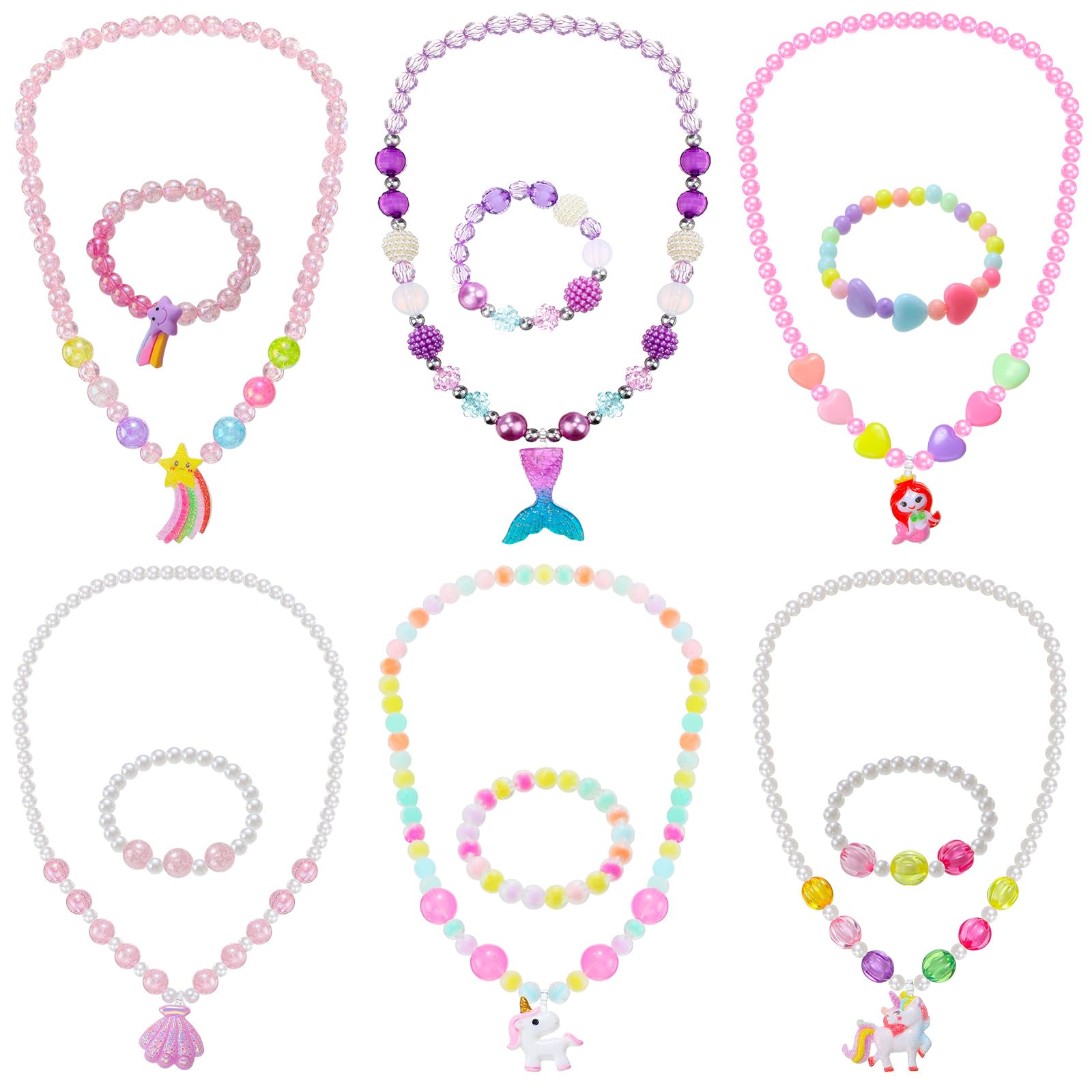 Sumind 6 Sets Toddler Jewelry – 12-Piece Beaded Necklace and Bracelet Set for Little Girls, Magic Style Dress Up Costume Favors